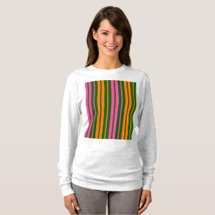 Camiseta Design de Listras Verticais Laranja Verde Rosa