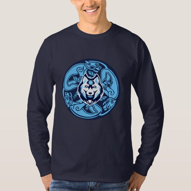 Camiseta design de lobo celta azul e branco (Frente)