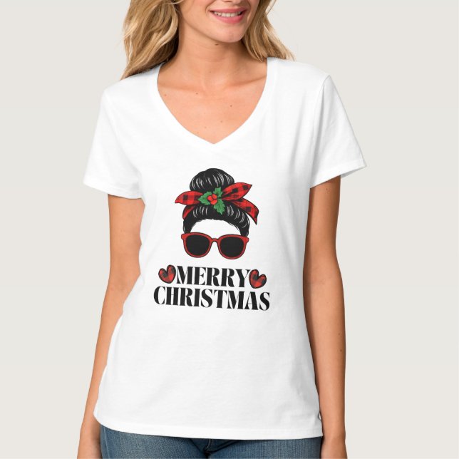 Camiseta design de mãe com coque desarrumado de Natal (Frente)