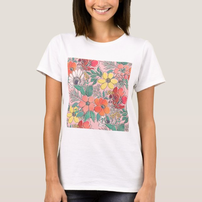 Camiseta Design de mão floral rosa giro, bonito (Frente)