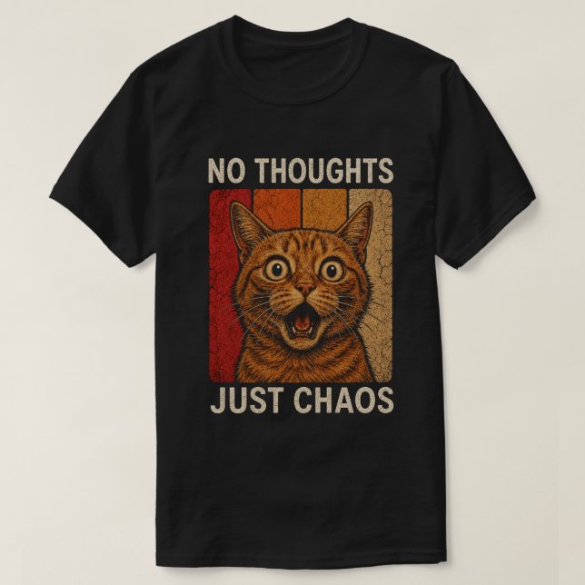 Camiseta Design de Meme de Gato Laranja Caos Sem Pensamento (Frente do Design)
