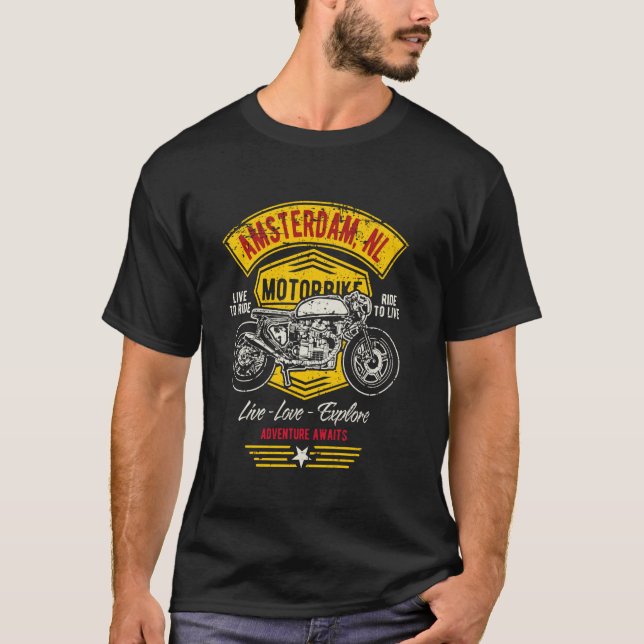 Camiseta Design de Motocicleta Retro Amsterdam Holanda (Frente)