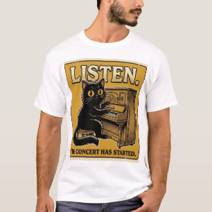 Camiseta Design de Música de Piano de Gato Preto