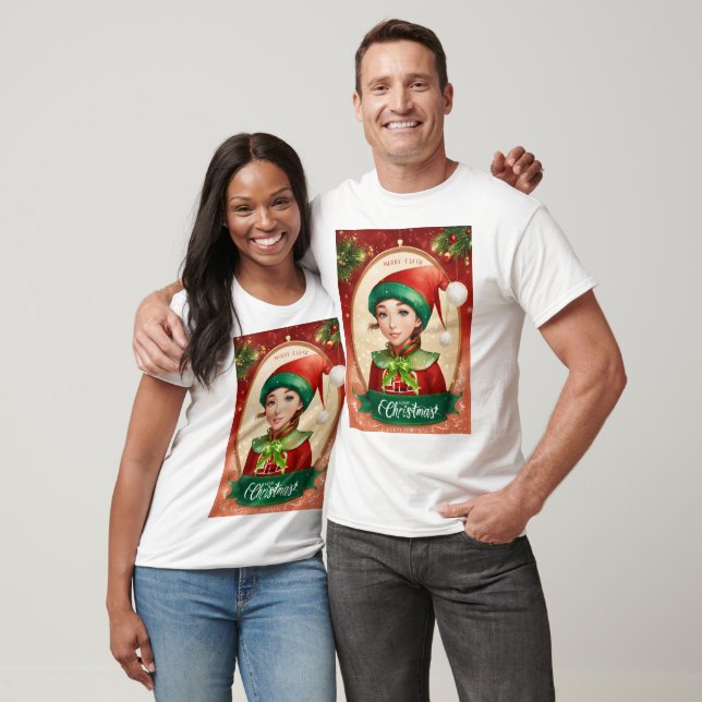 Camiseta Design de Natal com Elf e Papai Noel (Unissex)