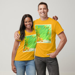 Camiseta Design de Natureza-Morta Vibrante Laranja Verde