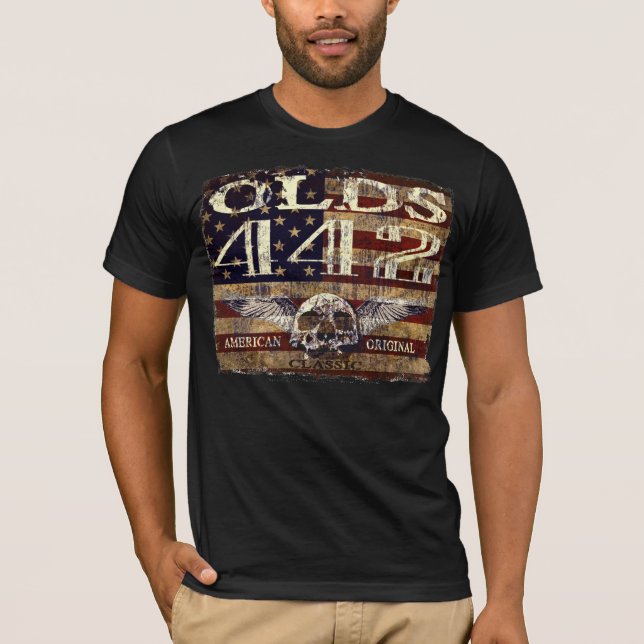 Camiseta Design de Oldsmobile 442 contra a bandeira (Frente)