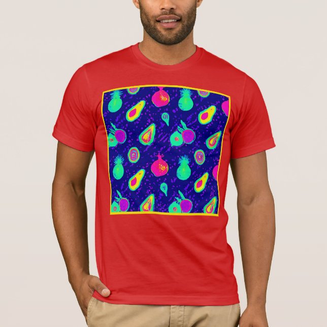 Camiseta Design de Padrão de Neon Fruta Vibrante (Frente)
