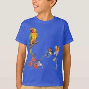 Camiseta design de papagaio e borboletas em aquarela