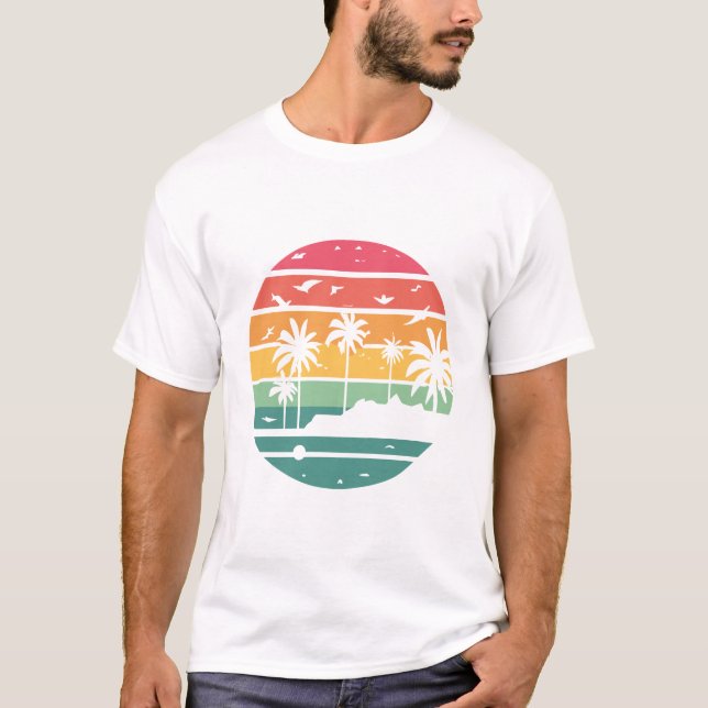 Camiseta Design de pôr do sol tropical pastel com palmeiras (Frente)