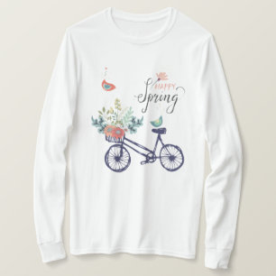 Camiseta Design de primavera feliz: bicicleta, flores e ave