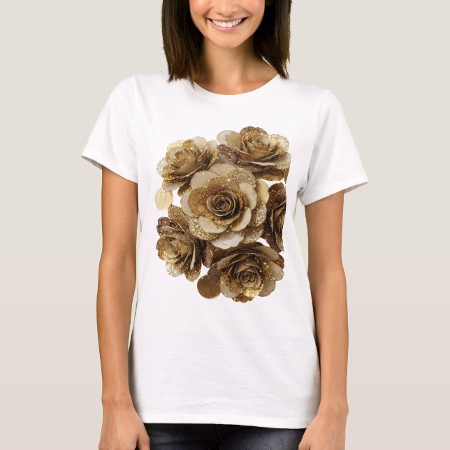 Camiseta Design de ROSAS DOURADAS Prateado da Moda (Frente)