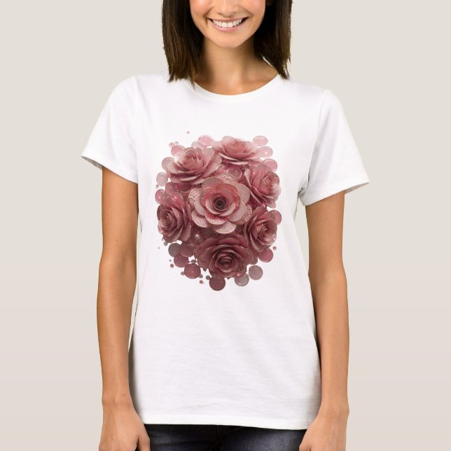 Camiseta Design de ROSAS ROSADAS e BRILHO Prata Clássico (Frente)