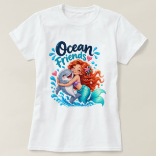 Camiseta Design de Sereia Fofa Amigos Golfinhos do Oceano