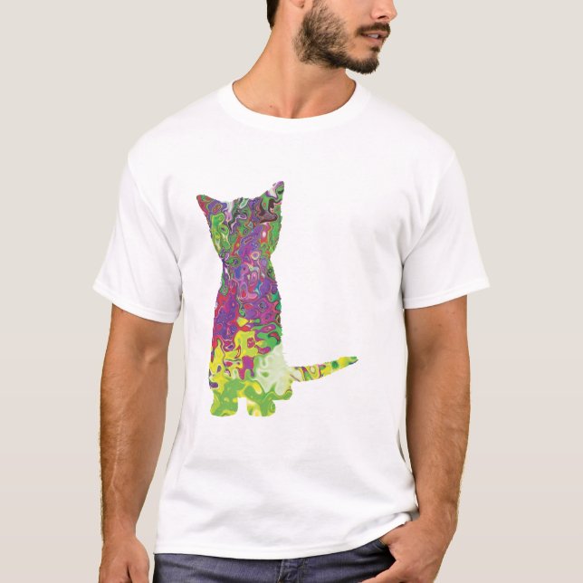 Camiseta Design de Silhueta de Gato Multicolorida (Frente)