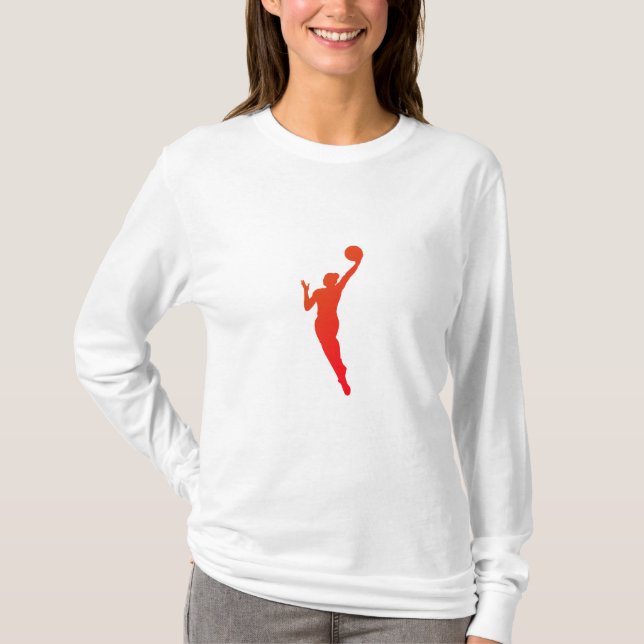 Camiseta Design de Silhueta Dinâmica de Basquete Feminino" (Frente)