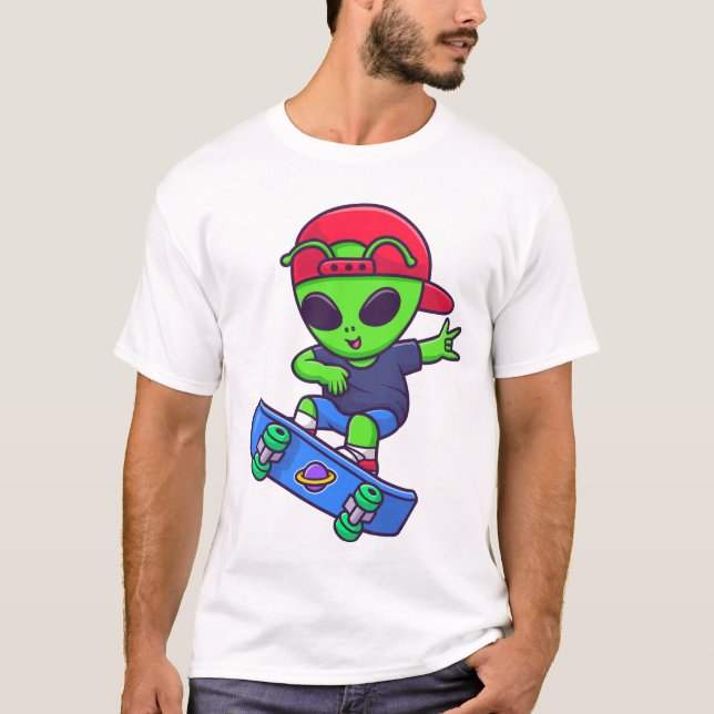 Camiseta Design de streetwear alienígena de skate engraçado (Frente)