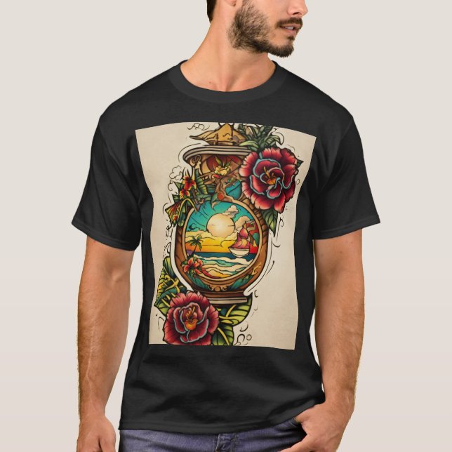 Camiseta "Design de Tatuagem Cupido Tradicional com Coração (Frente)
