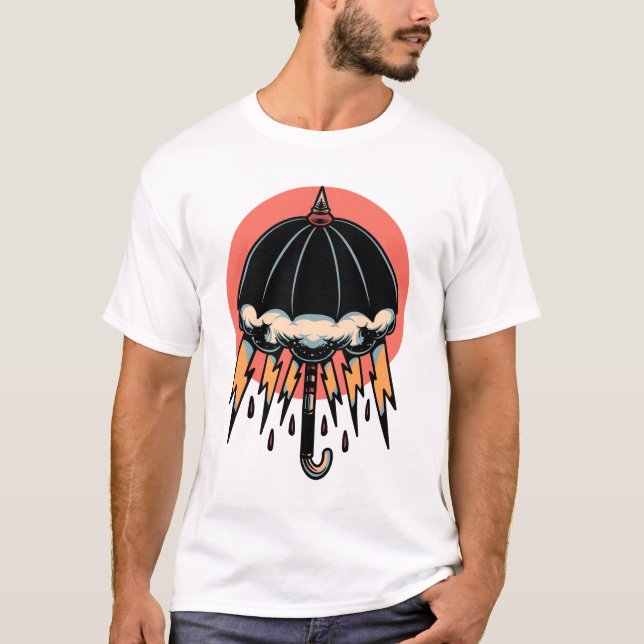 Camiseta Design de tatuagem por trovão de guarda-chuva pret (Frente)