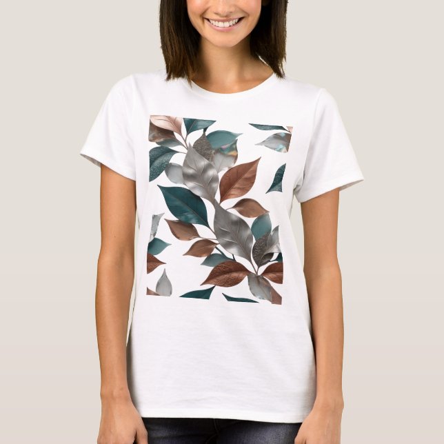 Camiseta Design de texto com padrão de folhas 3D prateado d (Frente)
