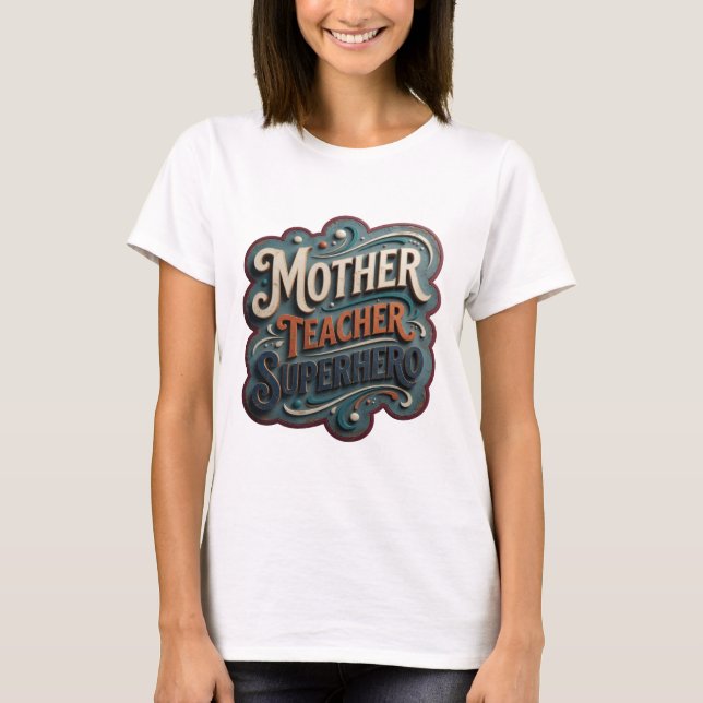 Camiseta Design de texto super-herói professora MÃE laranja (Frente)