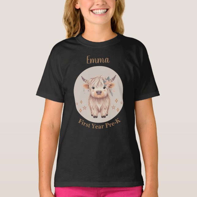 Camiseta Design de Vaca das Terras Altas, Cute, para Menina (Frente)
