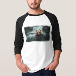 Camiseta Design de Vida Selvagem de Urso Grizzly e Cascata