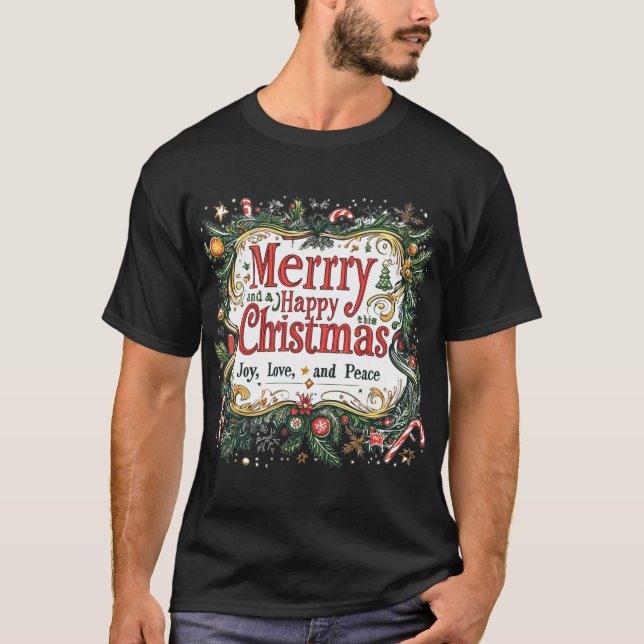 Camiseta Design de Vinheta Festiva de Natal - Alegria, Amor (Frente)