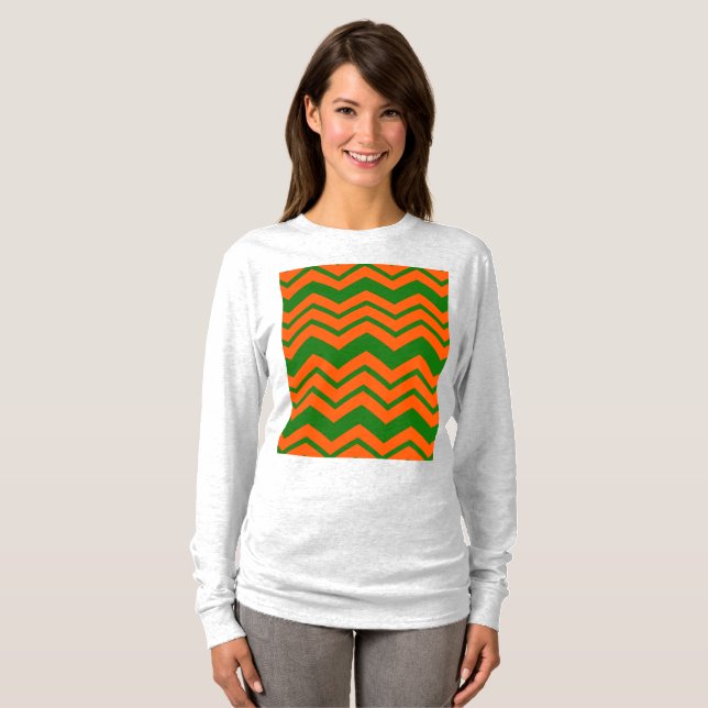Camiseta Design de Ziguezague Chevron Verde Laranja  (Frente Completa)
