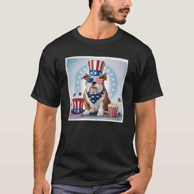 Camiseta Design do Bulldog Patriótico - Comemora o Dia da A (Frente)
