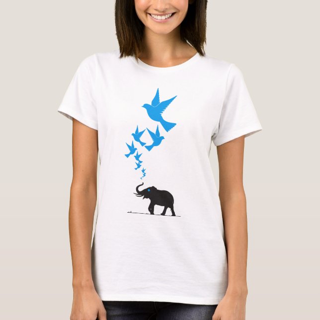 Camiseta Design do Conceito de Aves Azuis do Elefante Preto (Frente)