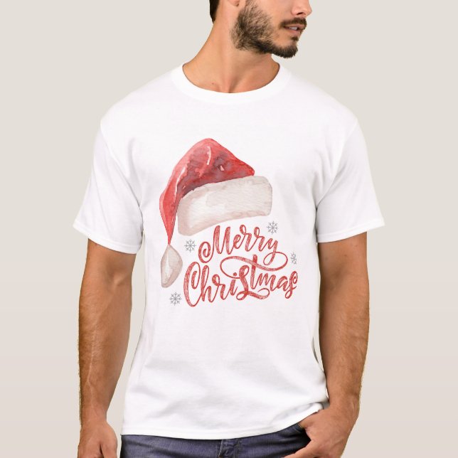 Camiseta Design do "Feliz Natal" de Watercolor Santa Hat (Frente)
