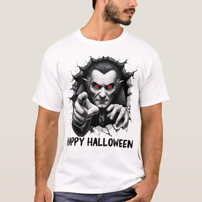 Camiseta design Drácula 3D Vampiro Feliz Dia das Bruxas (Frente)