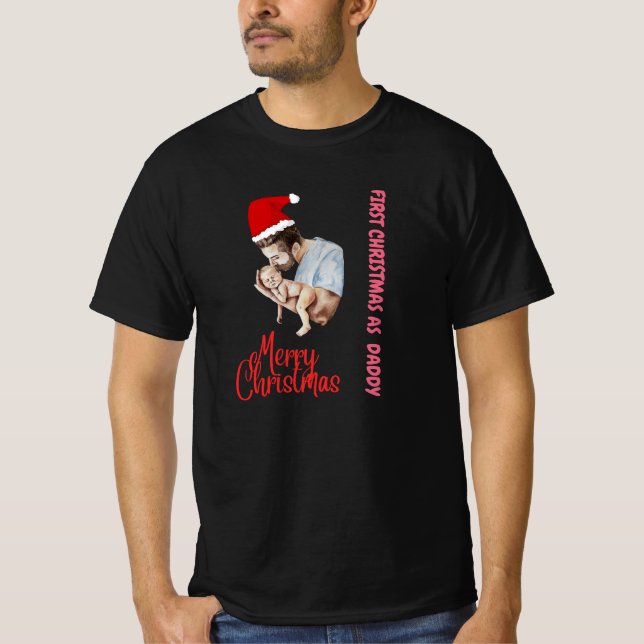 Camiseta Design engraçado meu primeiro Feliz Natal como Pai (Frente)