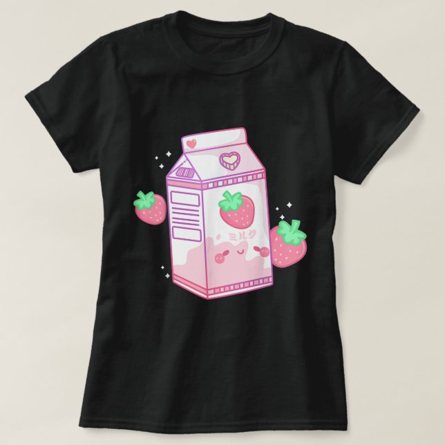 Camiseta Design Estético de Leite de Morango Kawaii (Frente do Design)