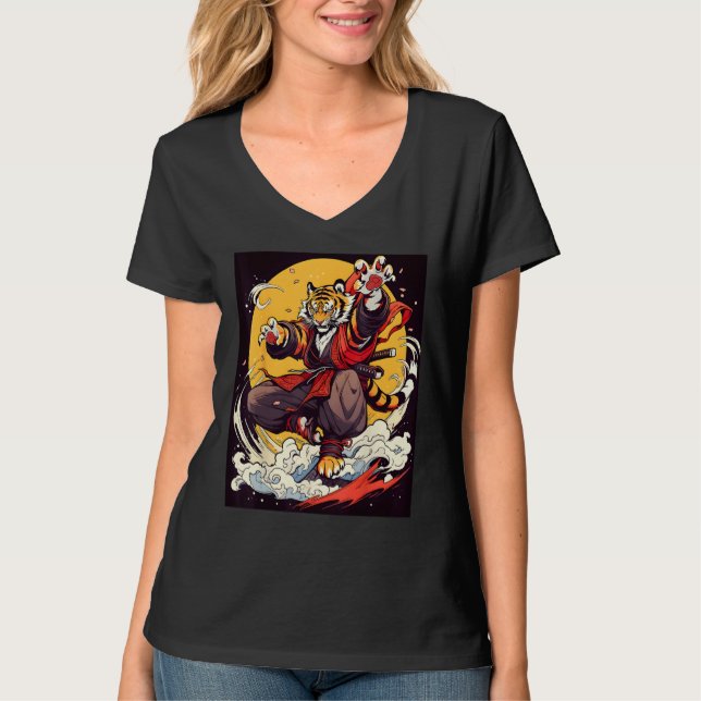 Camiseta Design Featuring a Majestic Tiger in the World of  (Frente)
