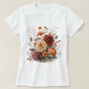 Camiseta Design Floral de Outono e Halloween em Aquarela