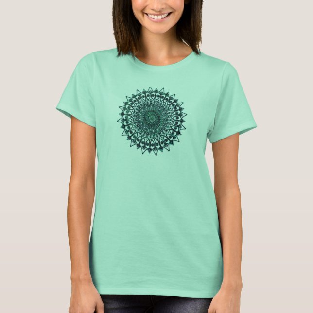 Camiseta Design geométrico com Aqua Blues e Verdes em Púrpu (Frente)