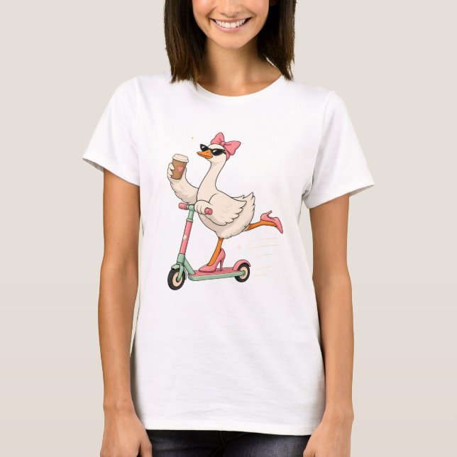 Camiseta Design Gráfico de Ganso Fofo com Scooter de Café (Frente)