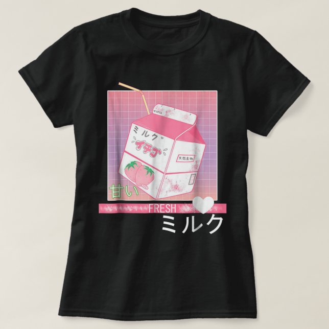 Camiseta Design Kawaii de Leite de Morango Vaporwave (Frente do Design)