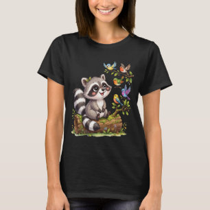 Camiseta Design Kawaii Fofo de Guaxinim Observando Pássaros