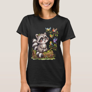 Camiseta Design Kawaii Fofo de Guaxinim Observando Pássaros