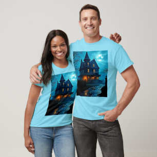 Camiseta Design Mansão Assombrada sob Luz de Lua Azul