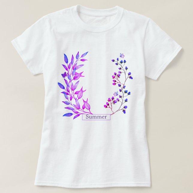 Camiseta Design original de flores e ramos roxos (Frente do Design)
