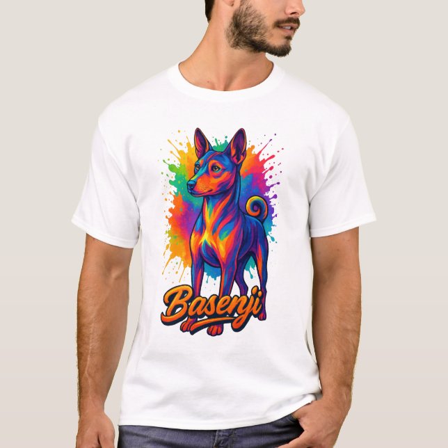 Camiseta Design Pop Art Vibrante de Basenji (Frente)