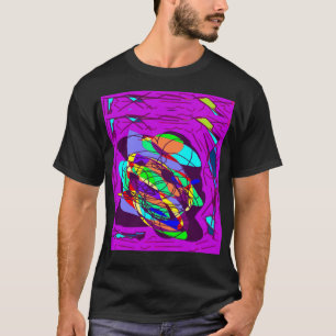 Camiseta Design púrpura com círculos pretos e cores mistas