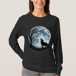 Camiseta Design Silhueta da Árvore da Lua Uivando Lobo Vint