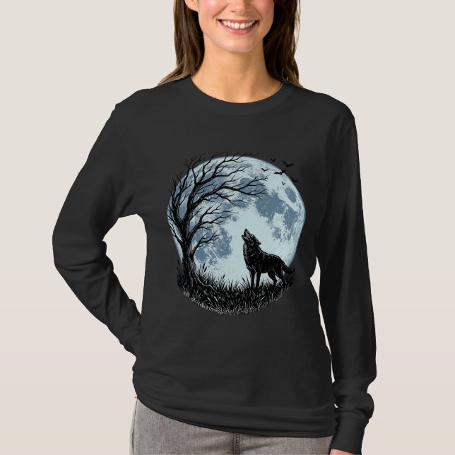 Camiseta Design Silhueta da Árvore da Lua Uivando Lobo Vint (Frente)