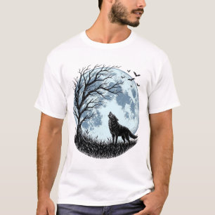 Camiseta Design Silhueta da Árvore da Lua Uivando Lobo Vint