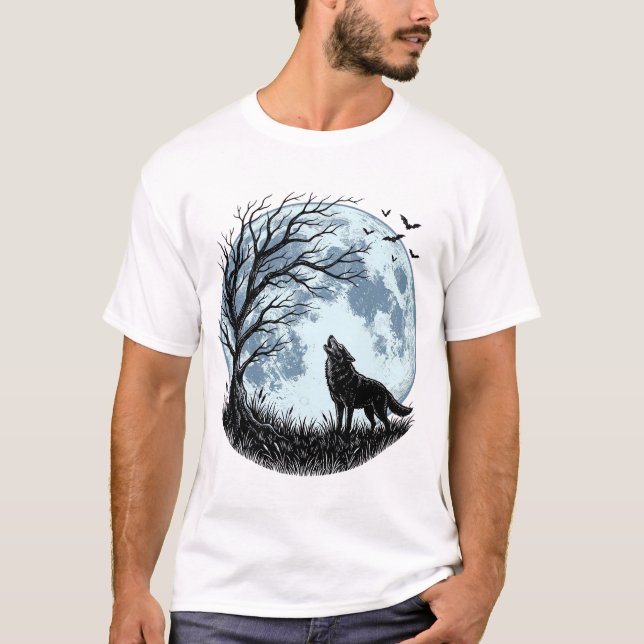 Camiseta Design Silhueta da Árvore da Lua Uivando Lobo Vint (Frente)