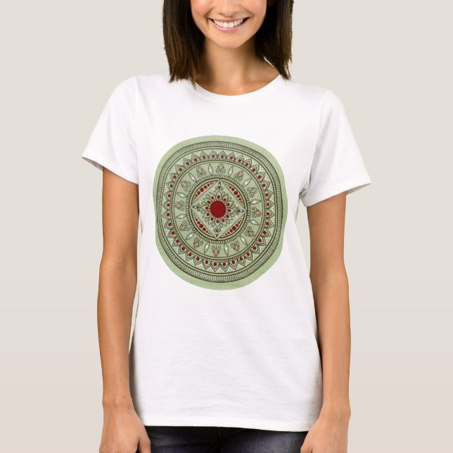 Camiseta Design verde e vermelho tirado mão da flor da (Frente)